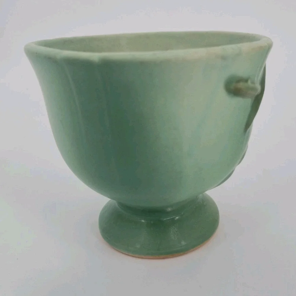 Vintage Weller Pottery Dogwood Flower Aqua Green Footed Vase Planter 4 In. Deco